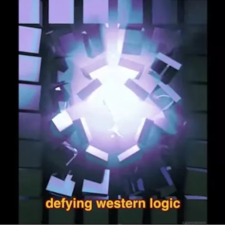 a series of cubes is blasting open and below it says &lsquo;defying western logic&rsquo;