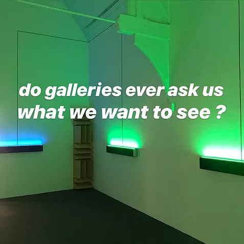 a white cube gallery space filled with green light with a question laid over top, the title of this article, &lsquo;do galleries ever ask us what we want to see?'