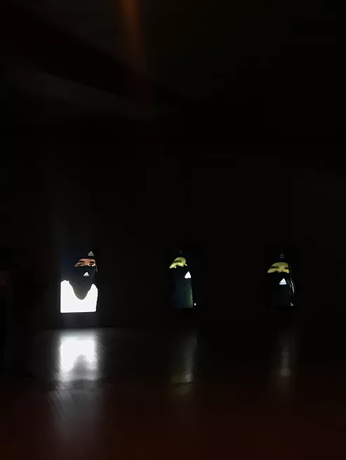 three white lads, or the same one repeated, close ups with a black addidas balaclava on, and the light from the camera flash shows a silver reflective top