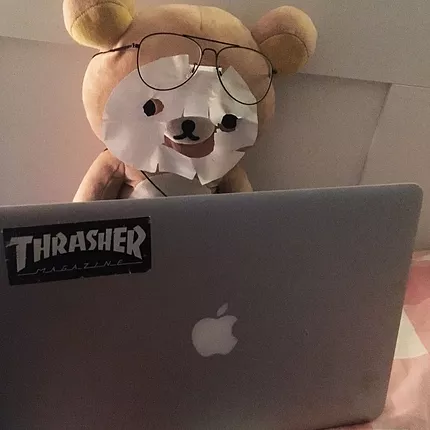 a teddy bear at a laptop with a facemask on and some glasses on its head