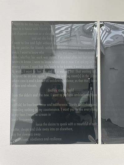 Zarina is reflected as she takes a photo of a poem faint on black card with plastic pinned over it