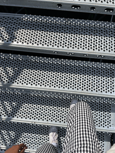 zarina walks up the white metal steps wearing a black and white gingham print on her trousers