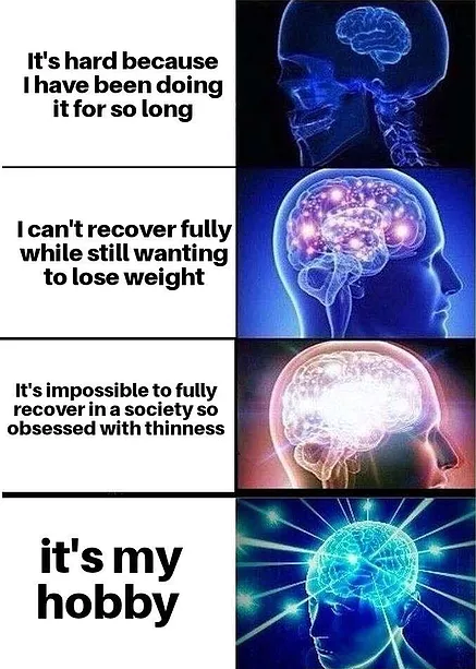a galaxy brain meme format with increasing complexity that starts, &lsquo;it&rsquo;s hard because I have been doing it for so long&rsquo; then &lsquo;I can&rsquo;t recover fully while still wanting to lose weight&rsquo; then &lsquo;it&rsquo;s impossible to fully recover in a society so obsessed with thinness&rsquo; and finally &lsquo;it&rsquo;s my hobby&rsquo;