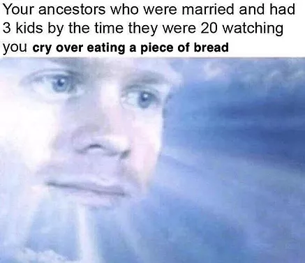 a meme that says &lsquo;your ancestorys who were married and had 3 kids by the time they were 20 watching you cry over eating a piece of bread&rsquo; with the blinking meme guy&rsquo;s face shining down from the sky