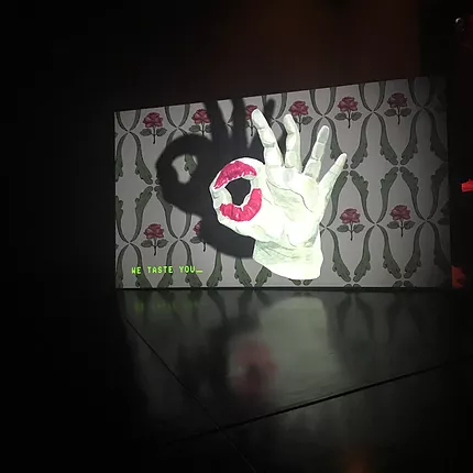a projection shows an animation of a white hand doing an OK sign and where the thumb meets the finger there is a lipstick mark