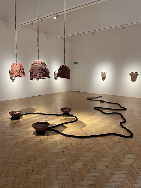 another part of the gallery shows a big wooden floor covered with a black rope and brown wide bowls full of water. Above them, big clay dome details sculptures are hanging from the ceiling with wires above them which might make them speakers, and on a wall on the background there are torsos in the same material