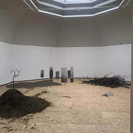 there is a pile of mood, a pile of sand, and a huge pile of sticks, with images hanging in the middle of the space