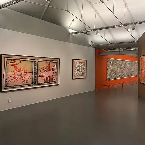 there&rsquo;s a painting of a UFO abducting a horse or a cow, and half way down the wall changes to a bright orange colour where a black and white abstract work is really really long across the wall