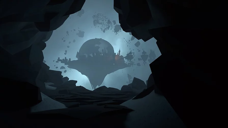 the domed building from earlier in the game is now silhouetted and floating on a broken rock in the middle of open space