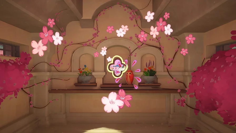 the inside of a room has cherry blossoms weaving all around the edges, in an unreal design, like there are live animations happening over the video game art style, doubling up
