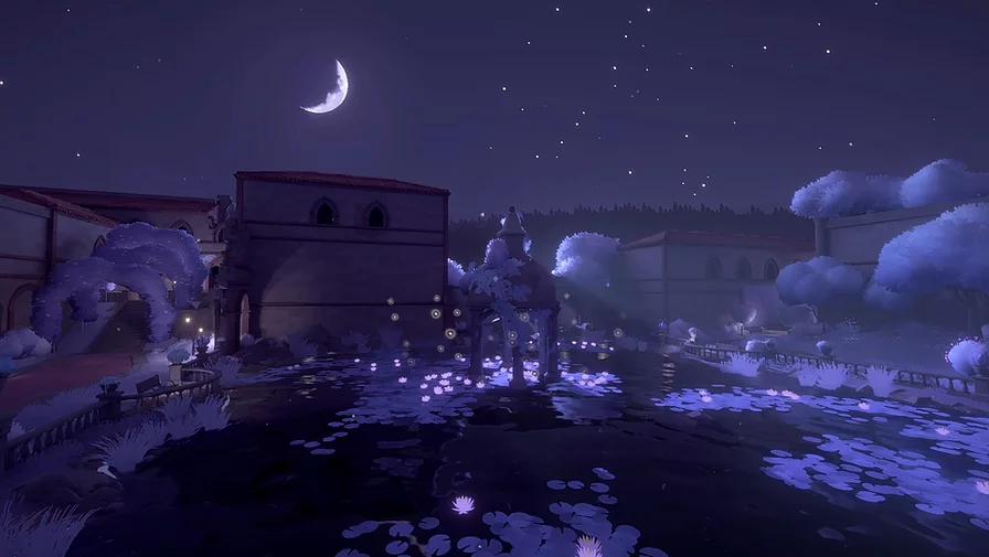 a dark purple scene of a crescent moon, stars, and moonlight over a town with a lake full of lily pads and flowers