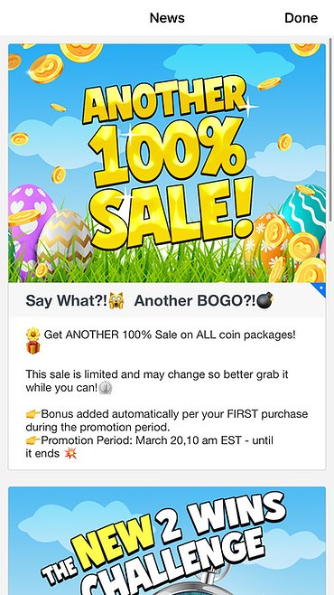 an in game offer for &lsquo;another 100% sale&rsquo; that shows you can get double the coins for any purchases