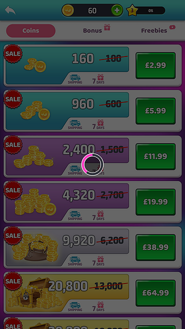 a screenshot of the page where you can buy in-game currency shows 2400 coins is 11.99, 4320 coins is 19.99 and so on up and up and up