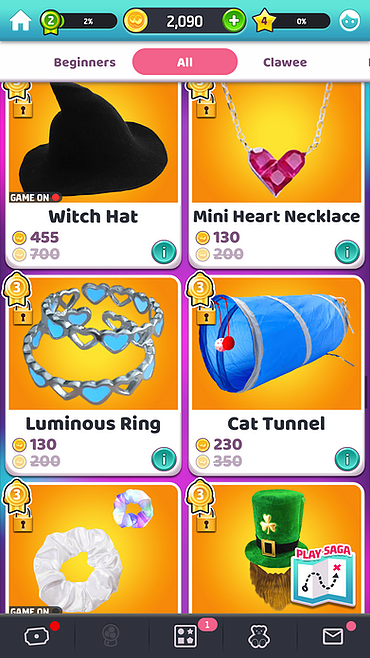 the prizes include a witch hat for 455 coins, a mini heart necklace for 130, two heart rings for 130 coins, a cat tunnels for 230 and so on - all the items look quite cheaply made