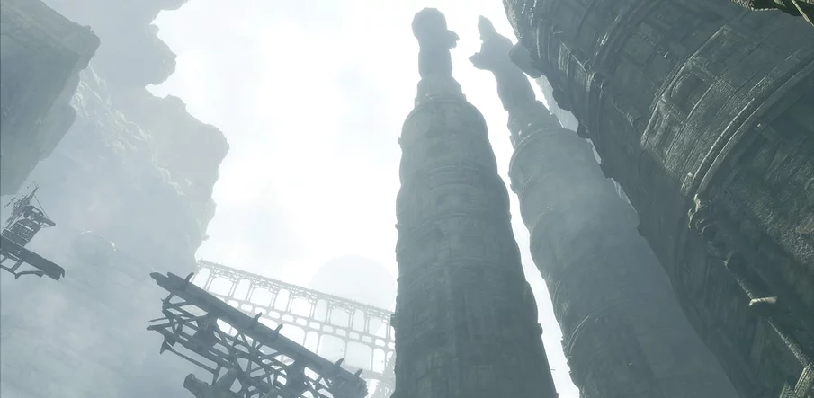 the camera looks up into a blank white sky where huge towers are rising up into the space, like thin columns next to one another