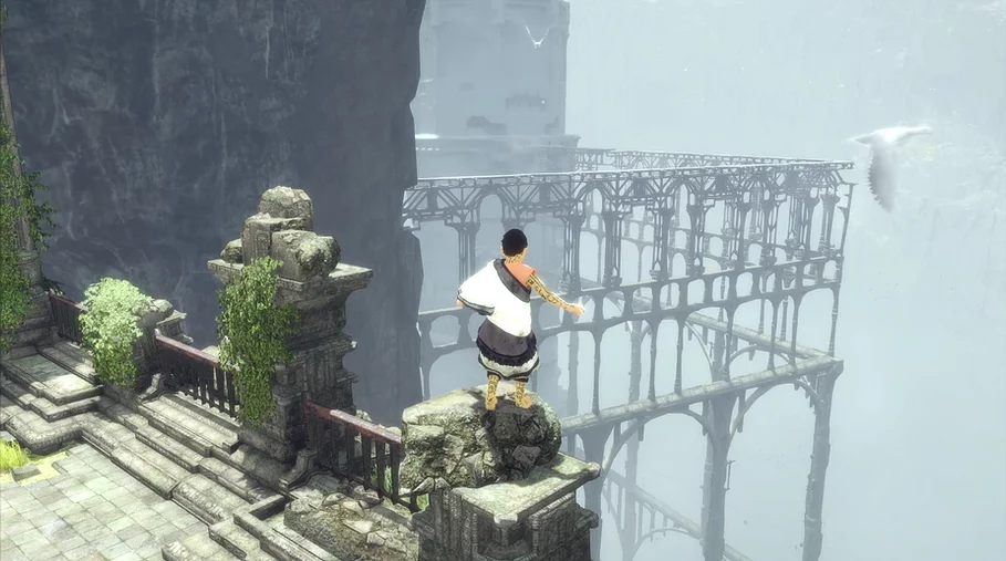 the main character stands looking out over the edge of a balcony, where there is a white bird flying, and a huge frame like the outline of a building with nothing inside