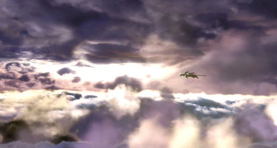 a dramatic sky and in between the clouds, the creature is flying at full speed through the sky
