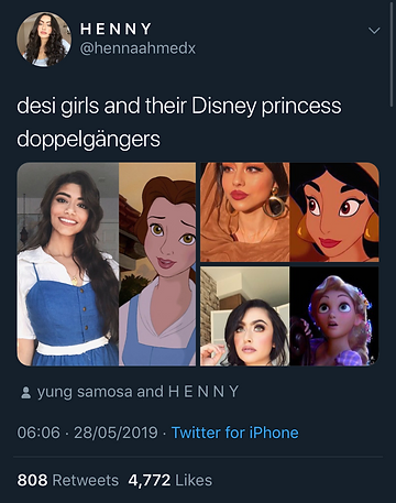 a tweet says desi girls and their disney princess doppelgangers, and there are side by side pictures of real girls against Belle from Beauty and the Beast, Jasmine from Aladdin, and the girl from Tangled whose name I cannot remember
