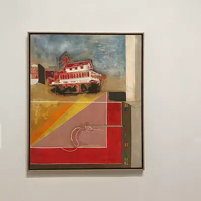 a painting split into different sections with white lines, includes blocks of colour, and a house styled in red and white under a washed out watery blue sky