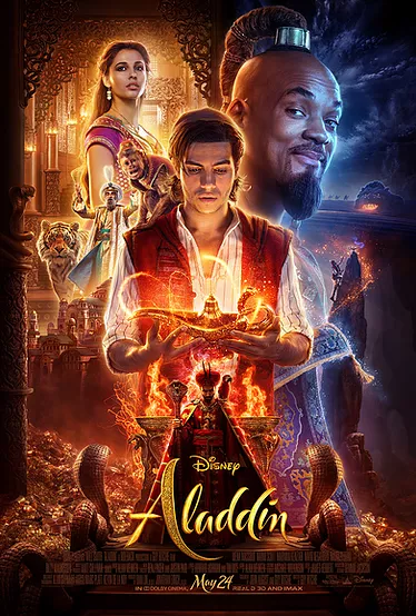 a film poster for aladdin shows him at the centre looking down at the gold oil lamp that he summons the genie out of, Jasmine is over one shoulder looking off into the distance, and the genie is in the other looking at the camera with eyebrows raised