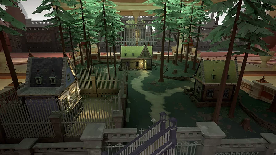 a small section of a forest with houses in a trio facing each other, and one of them is inside railings while the others are out in the open and connected by a path