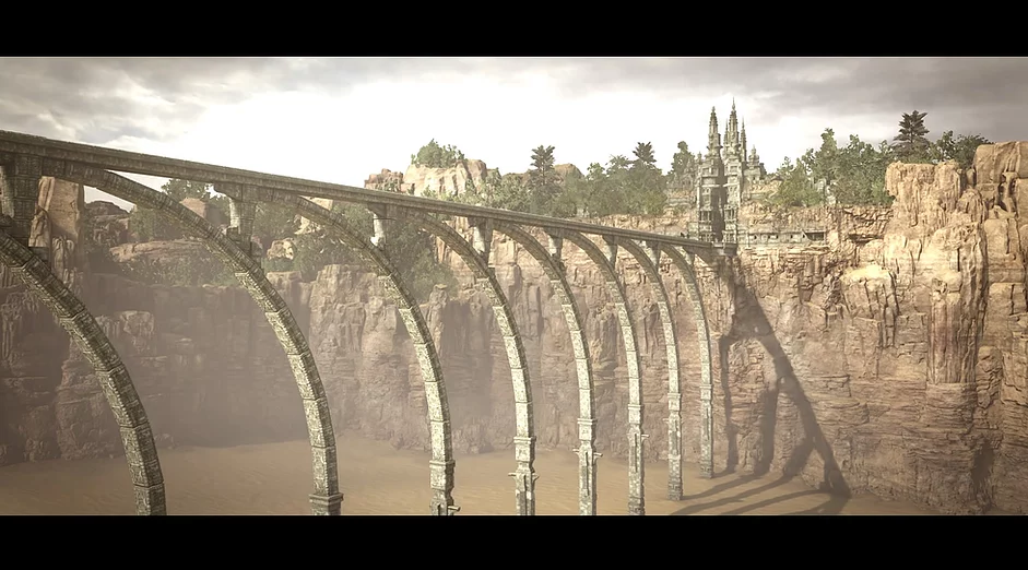 a huge thin bridge stretches out across the screen over a massive canyon space