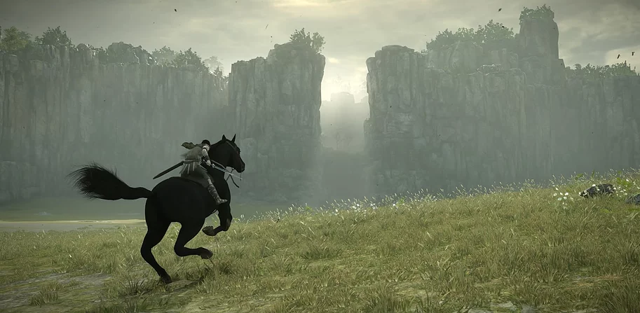 a character is riding a black horse forward into a misty chasm