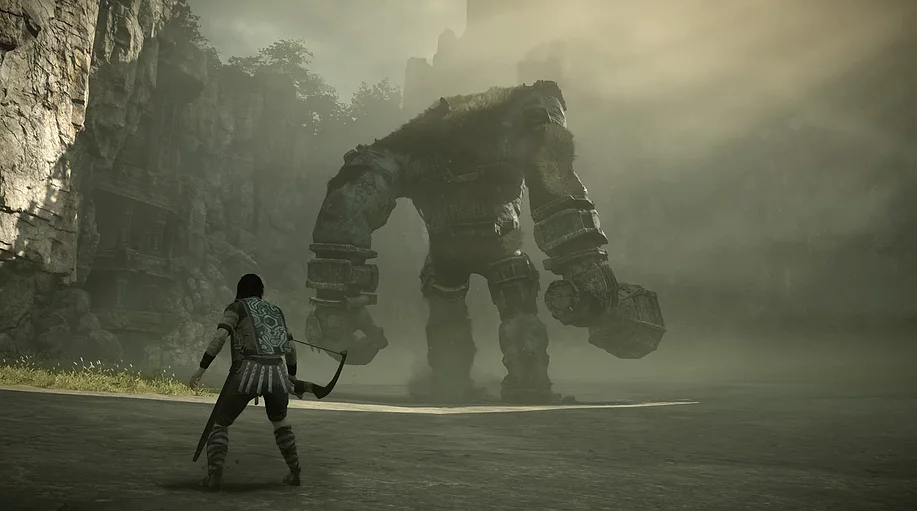 the player holds a bow and arrow and stands behind a massive monster who is wielding what looks like a huge metal club