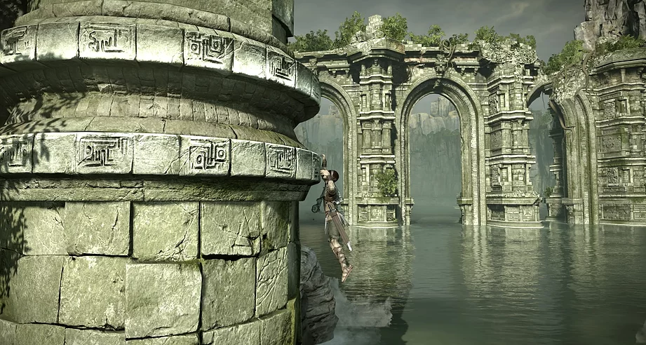 Wander is gripped on a ledge and moving around a column. Below, there is water filling the space, and there are archways in the background that have plants growing out of the top of them