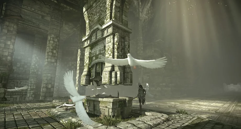 doves fly towards the camera, and there is an alter-like bed in the background with a woman lying on it, and Wander is running in the same direction of the birds with a sword in hand