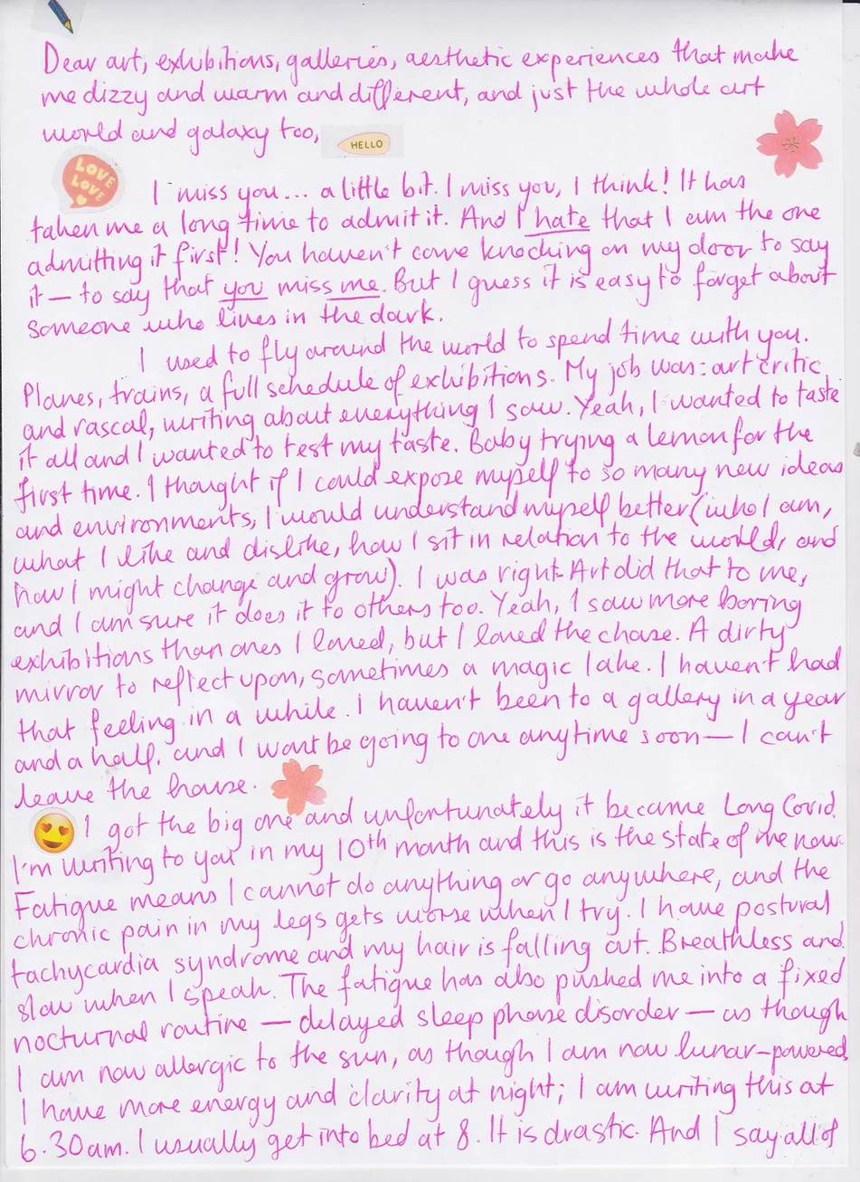 the first page of the letter, text version below, in pink biro with a love love sticker, a pencil sticker, one that says hello, a flower, and a love hearts emoji face