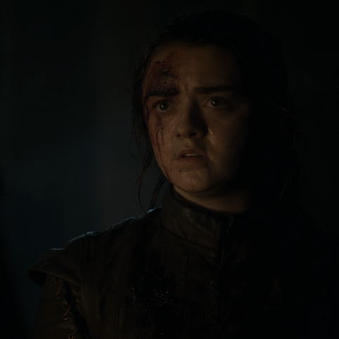 Aria Stark with blood down one side of her face looks concerned