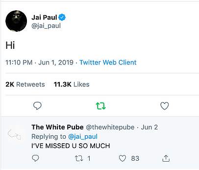 on the first of june 2019 jai paul tweeted &lsquo;hi&rsquo; and zarina replied in caps lock saying i&rsquo;VE MISSED YOU SO MUCH