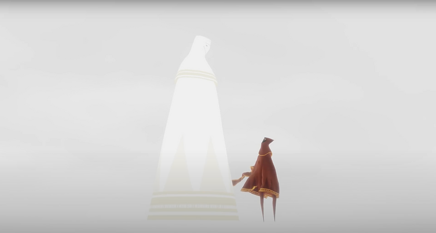a tiny red cloaked figure looks up at a ghostly white cloaked figure much bigger than it