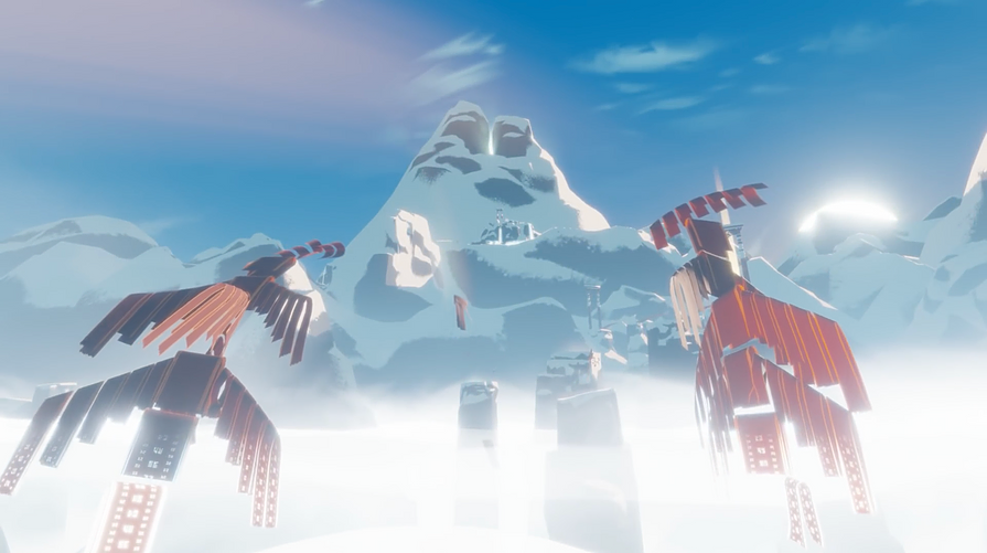 looking up at a huge snowy mountain from below, we can see mist, the edge of a bright sun, and flags in the shapes of towers and birds