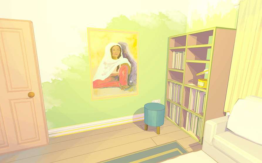 a wall fills up with a pale green wash as we look at a bookshelf and a framed painting of a brown woman in a headscarf