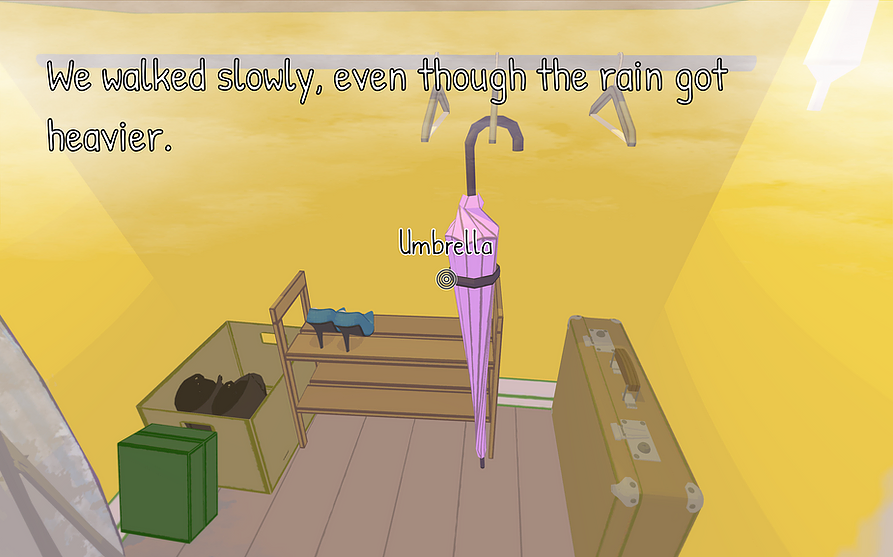 &lsquo;we walked slowly even though the rain got heavier&rsquo; is written in captions as we look into a closet where there is a pink umbrella on a hanger