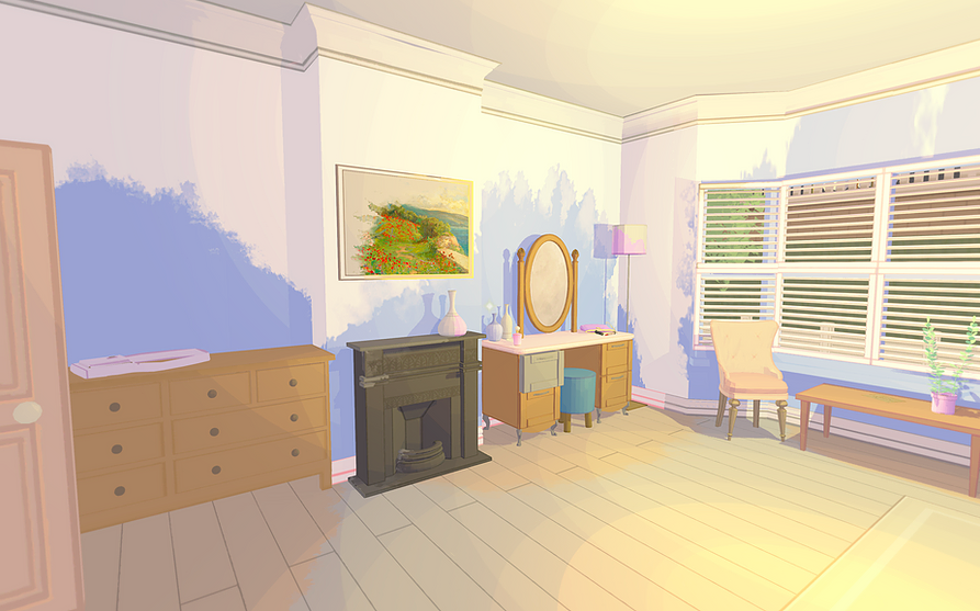 on the other side of the bedroom, we can see a dresser, a fireplace, and a landscape painting, but interestingly only the lower half of the image is coloured, rising up into white. As we view things in the game, they gain colour, and this is a shot mid-way through that colouring moment