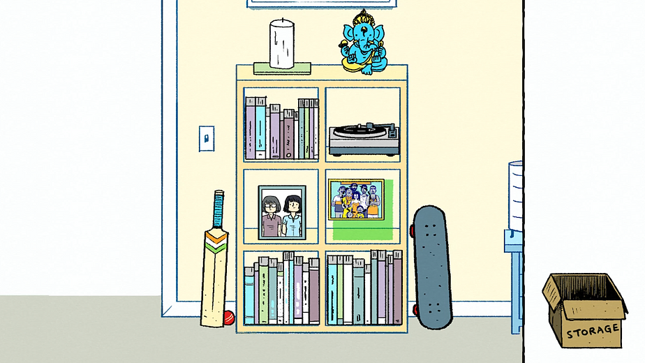 a shot of a bookshelf where the player can place items like a cricket bat to the side, a candle, a statue of Ganesh, a skateboard, and family photos
