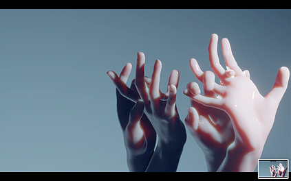 white cgi hands clasp each other, bending fingers backwards almost