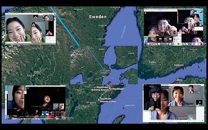 four asian people on a video call are shown in four corners of a screen over a map that is zoomed in on Sweden