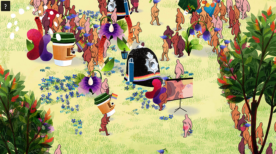 a top down view of a field shows it full of naked cartoon bodies walking and running and kissing. There are big flowers, a giant police hat with a door at the side of it, and a coffee cup that looks like a kiosk