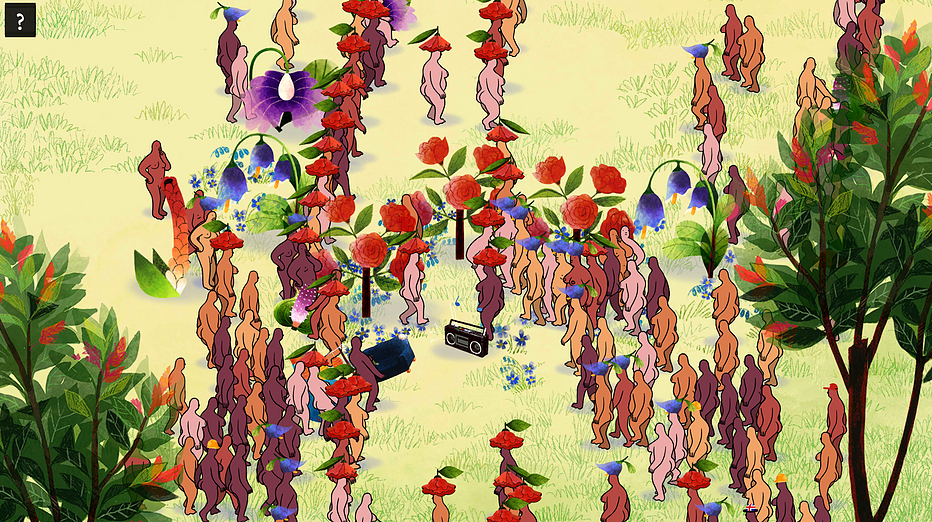 the field at its busiest, the naked bodies walking around mostly have red and purple flowers on top of their heads like hats, and there is a stereo on the floor