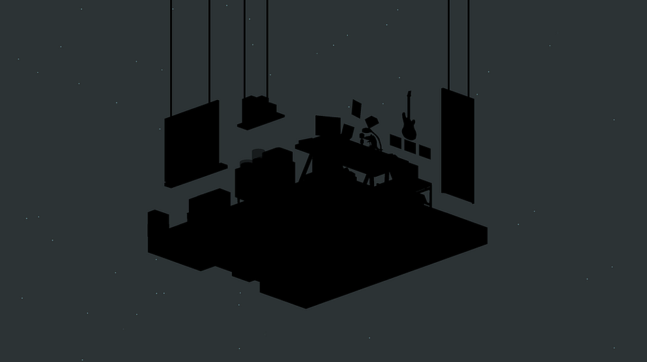 One of the isometric shots of the floating room is blacked out into a silhouette like the lights have gone down on a stage