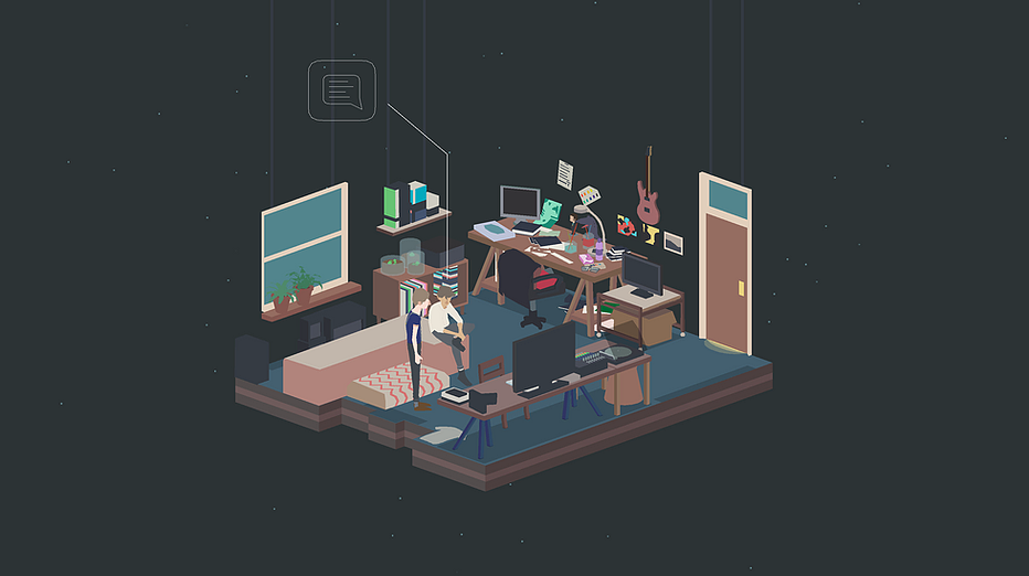 a living room in an isometric shot, where two people are around a big screen on a desk. There&rsquo;s a guitar on one wall, and a label coming off one person with a comment symbol as if you can click to speak to them