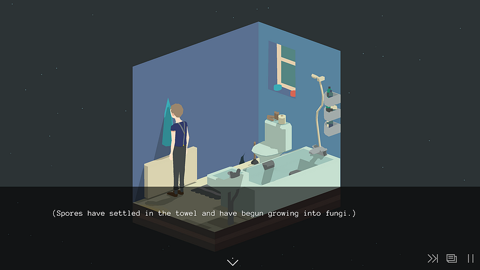 Screenshot of the game 'No Longer Home'. A figure with pale skin, wearing a blue t-shirt, braces and grey trousers is standing facing the wall in a 3D rendered bathroom cube. The caption reads: '(Spores have settled in the towel and have begun growing into fungi.)'