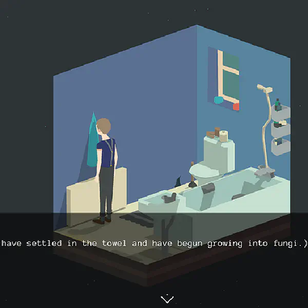 Screenshot of the game 'No Longer Home'. A figure with pale skin, wearing a blue t-shirt, braces and grey trousers is standing facing the wall in a 3D rendered bathroom cube. The caption reads: '(Spores have settled in the towel and have begun growing into fungi.)'