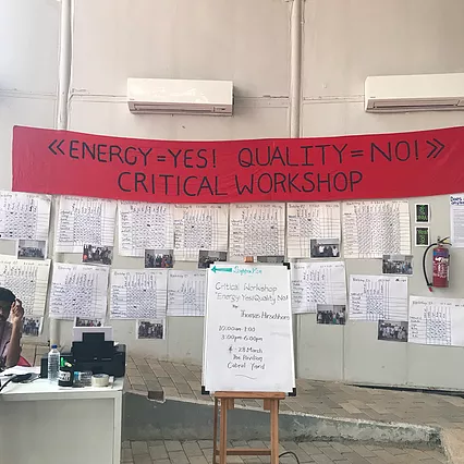 there is a whiteboard, posters on the wall with handwritten charts on, and a big red handwritten banner that says energy equals yes, quality equals no. Critical workshop.