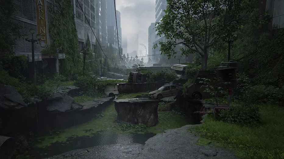 Another shot of the city overgrown. It looks like an earthquake has split the floor apart, or sinkholes have ruined the place, and there is a river running down where the road used to be with floating cars