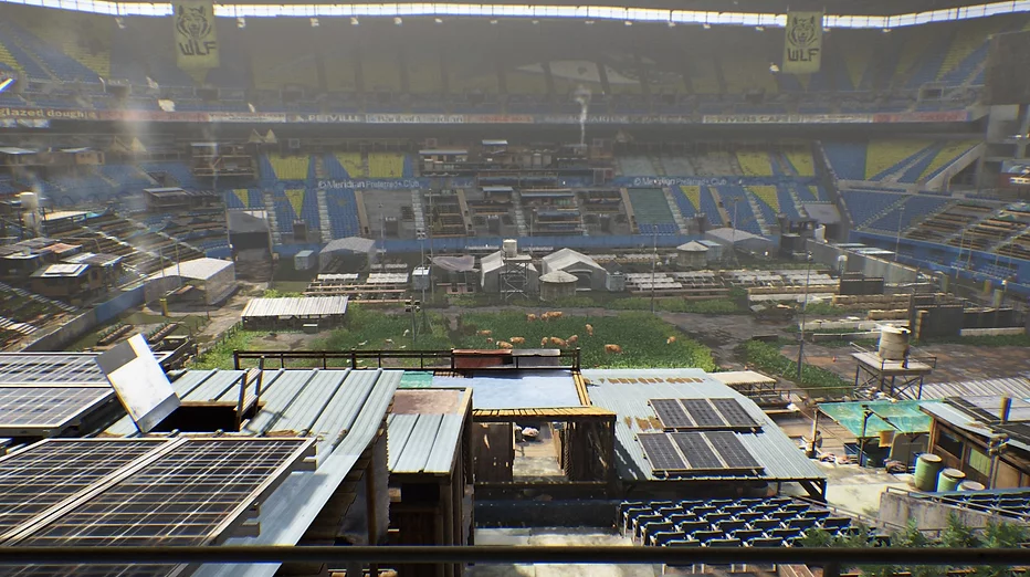 The inside of a stadium has been transformed into a farm